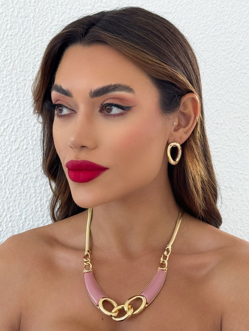 Conjunto Colar e Brinco Folheado a Ouro 18k Maxi Com Fita e Resina