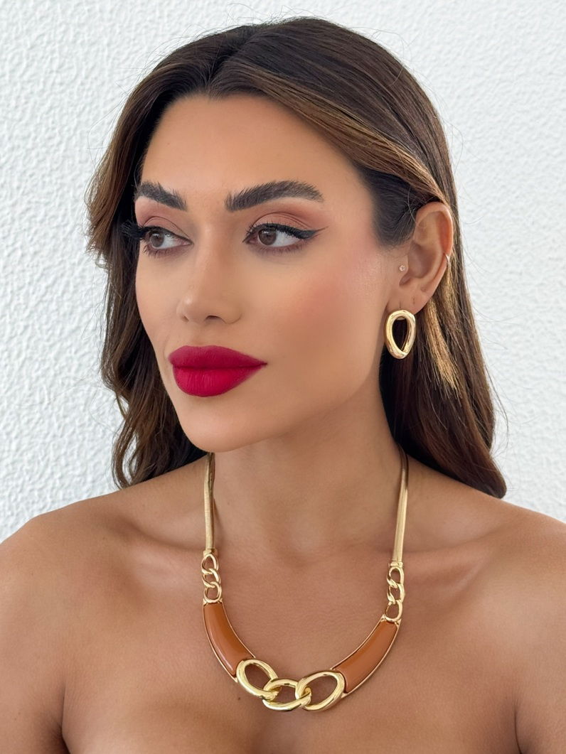 Conjunto Colar e Brinco Folheado a Ouro 18k Maxi Com Fita e Resina