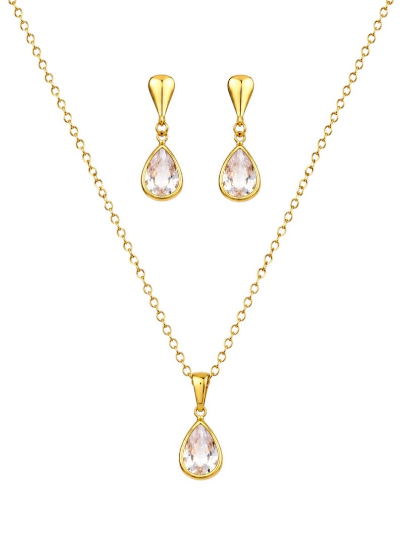 Conjunto Colar e Brinco Folheado a Ouro 18k Mini Gota Cristal
