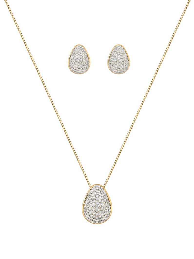 Conjunto Colar e Brinco Folheado a Ouro 18k Mix Banho Design Gota Cravejada