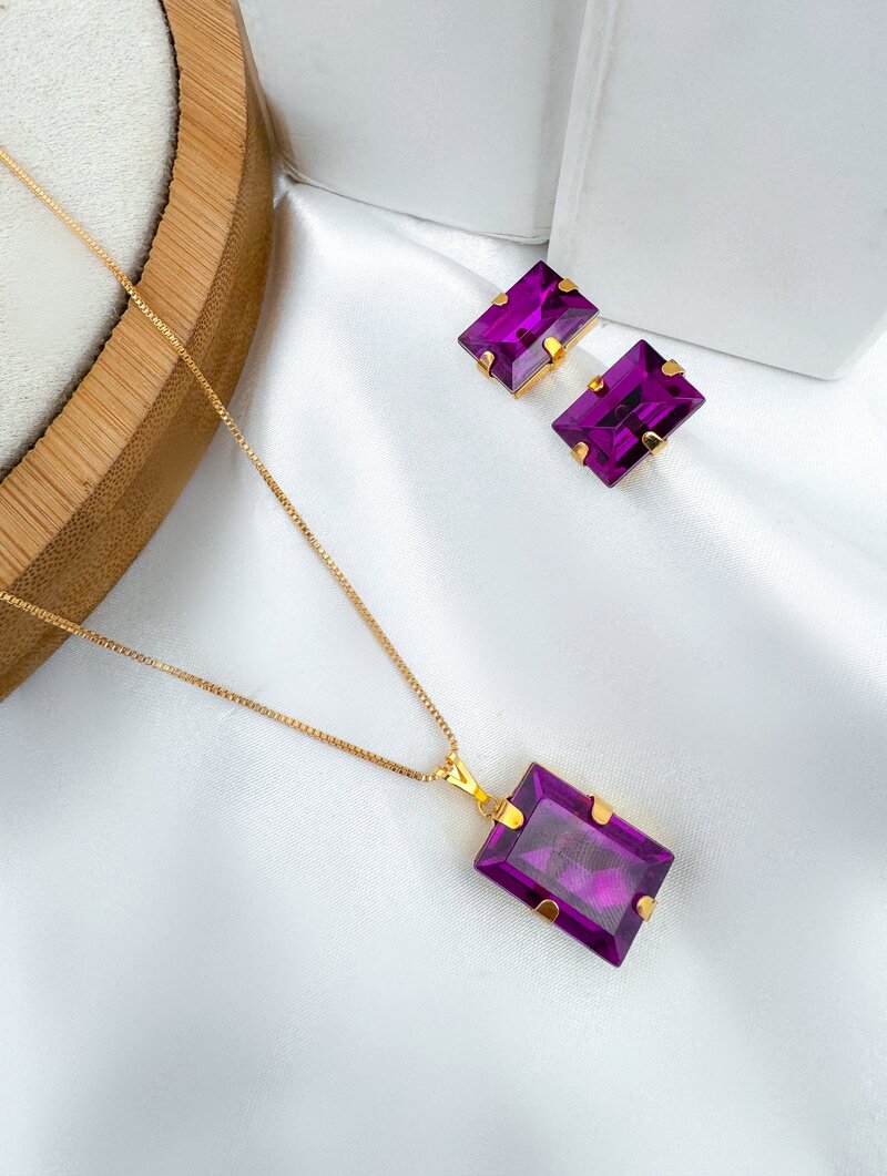 Conjunto Colar e Brinco Folheado a Ouro 18k Pedra Retangular de Zircônia