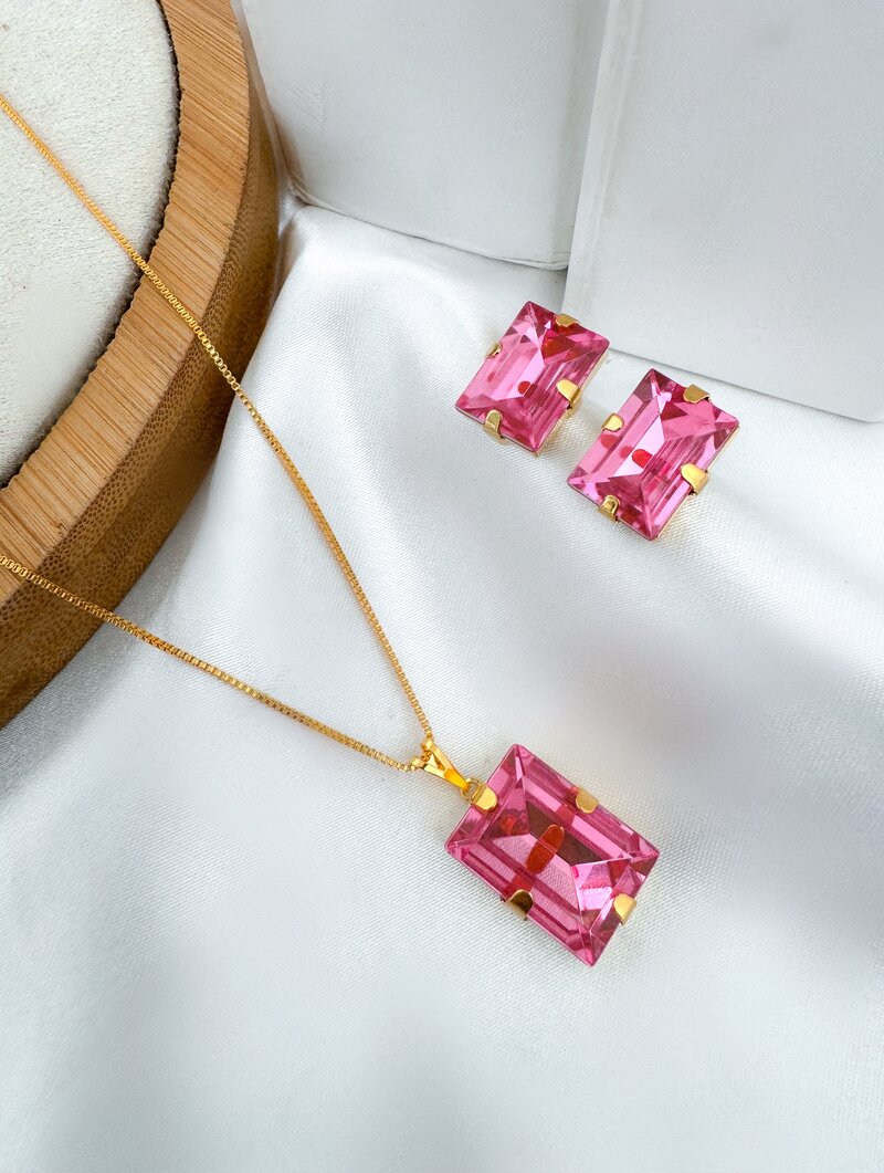 Conjunto Colar e Brinco Folheado a Ouro 18k Pedra Retangular de Zircônia