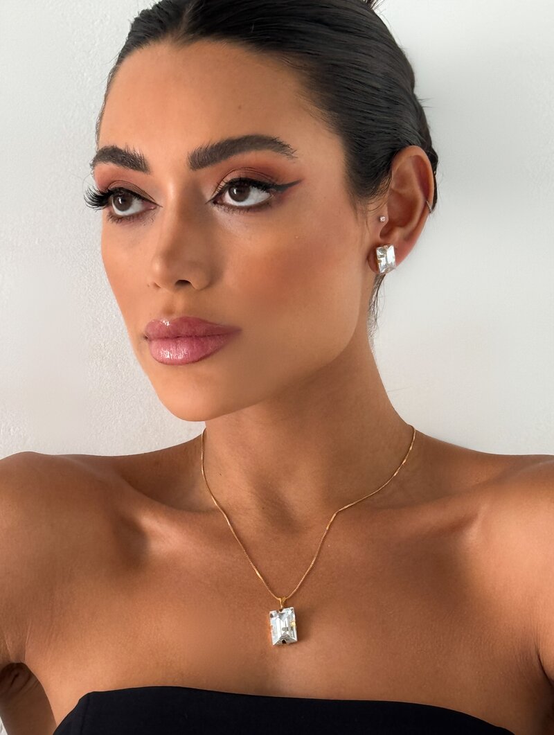 Conjunto Colar e Brinco Folheado a Ouro 18k Pedra Retangular de Zircônia