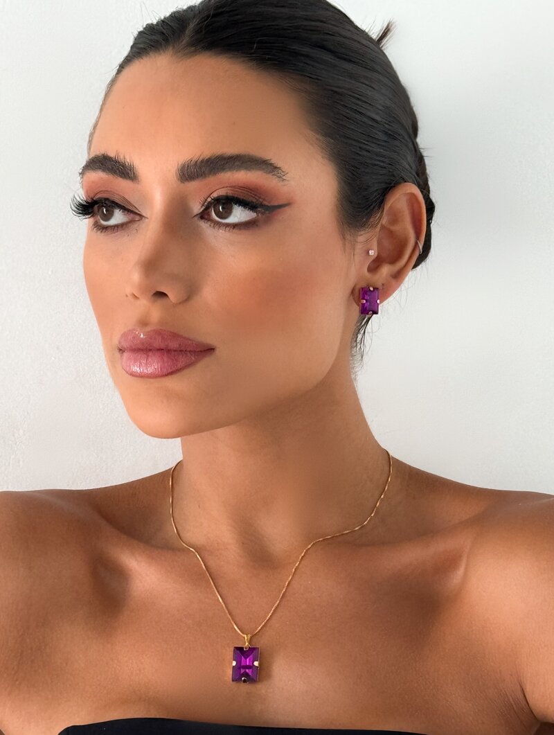 Conjunto Colar e Brinco Folheado a Ouro 18k Pedra Retangular de Zircônia