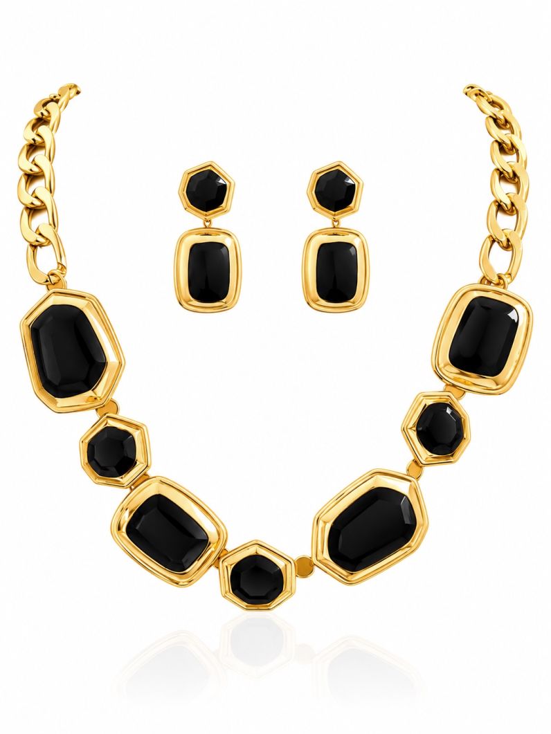 Conjunto Colar e Brinco Folheado a Ouro 18k Resinado Mordeno Colorido