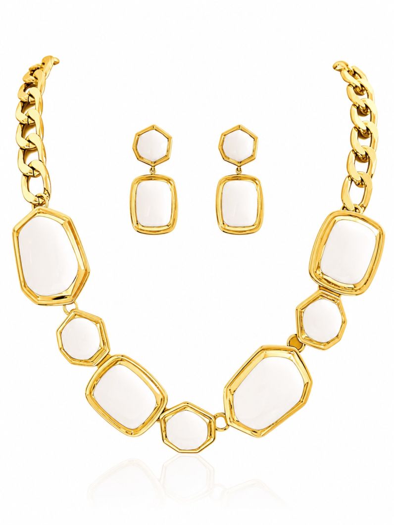 Conjunto Colar e Brinco Folheado a Ouro 18k Resinado Mordeno Colorido