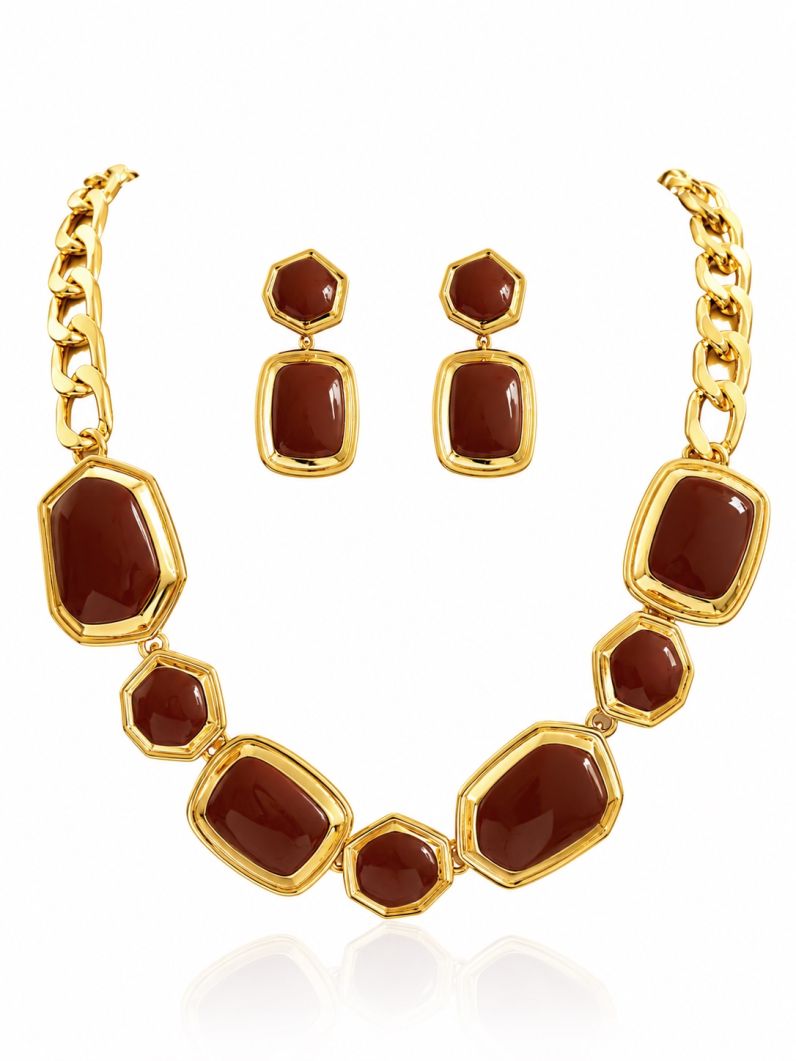Conjunto Colar e Brinco Folheado a Ouro 18k Resinado Mordeno Colorido