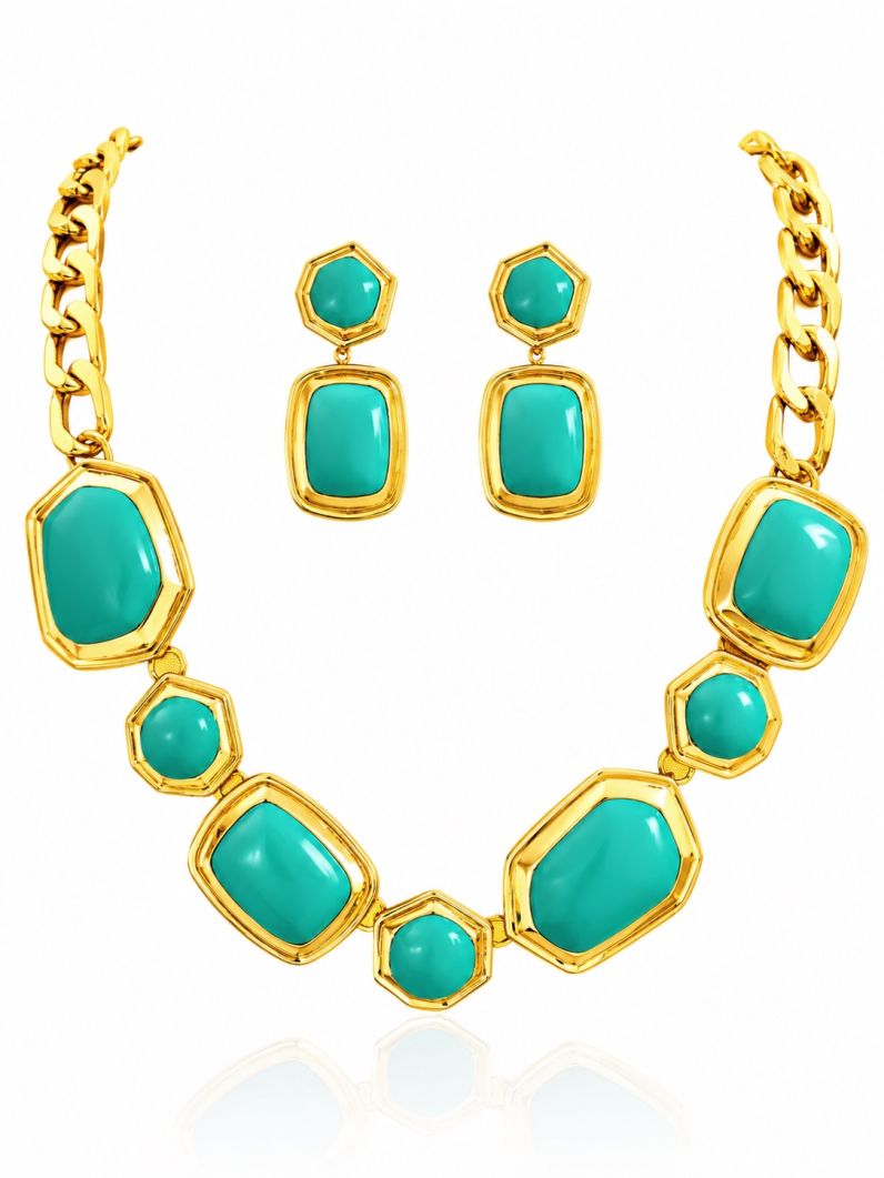 Conjunto Colar e Brinco Folheado a Ouro 18k Resinado Mordeno Colorido