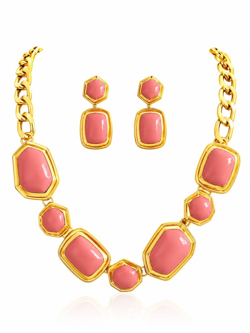 Conjunto Colar e Brinco Folheado a Ouro 18k Resinado Mordeno Colorido