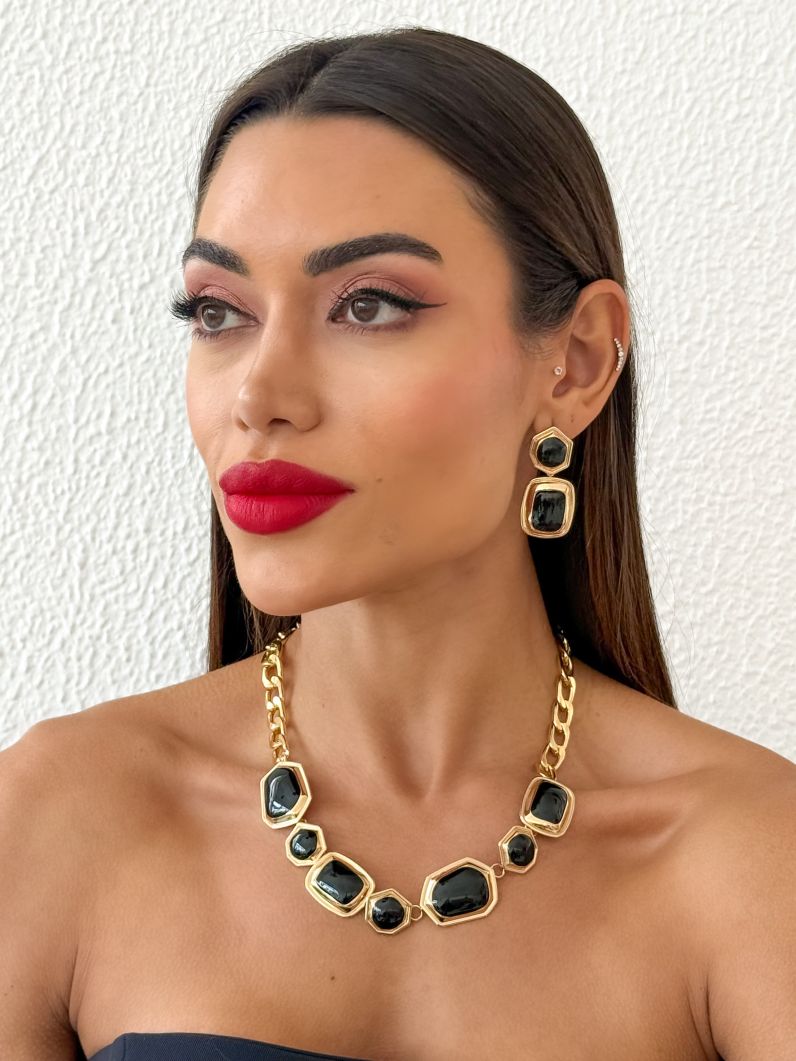 Conjunto Colar e Brinco Folheado a Ouro 18k Resinado Mordeno Colorido