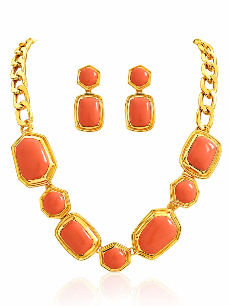 Conjunto Colar e Brinco Folheado a Ouro 18k Resinado Mordeno Colorido