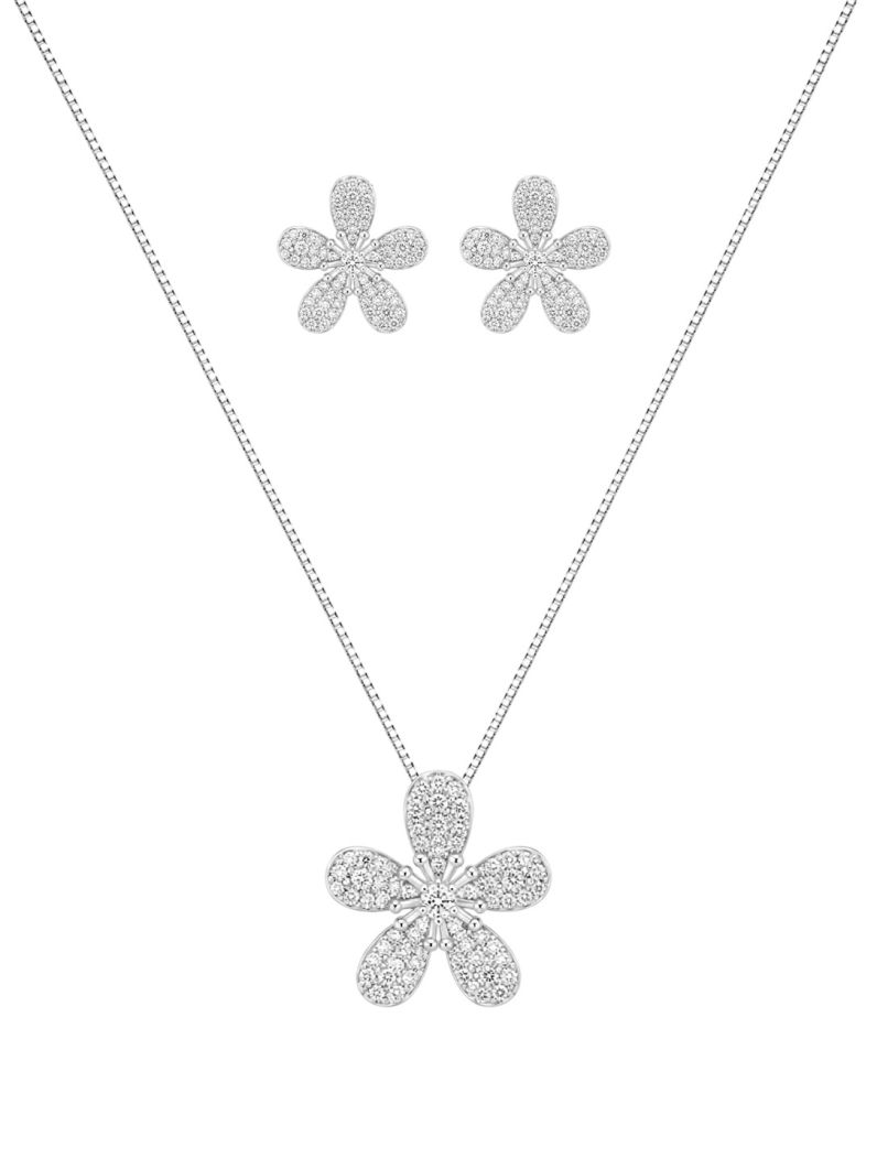 Conjunto Colar e Brinco Folheado a Prata 925 Design Flor Cravejada