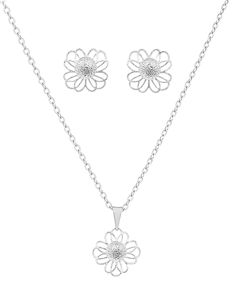 Conjunto Colar e Brinco Folheado a Prata 925 Flor Com Esfera Cental