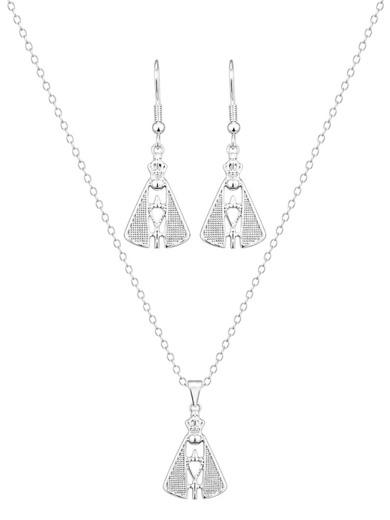 Conjunto Colar e Brinco Folheado a Prata 925 Nossa Senhora