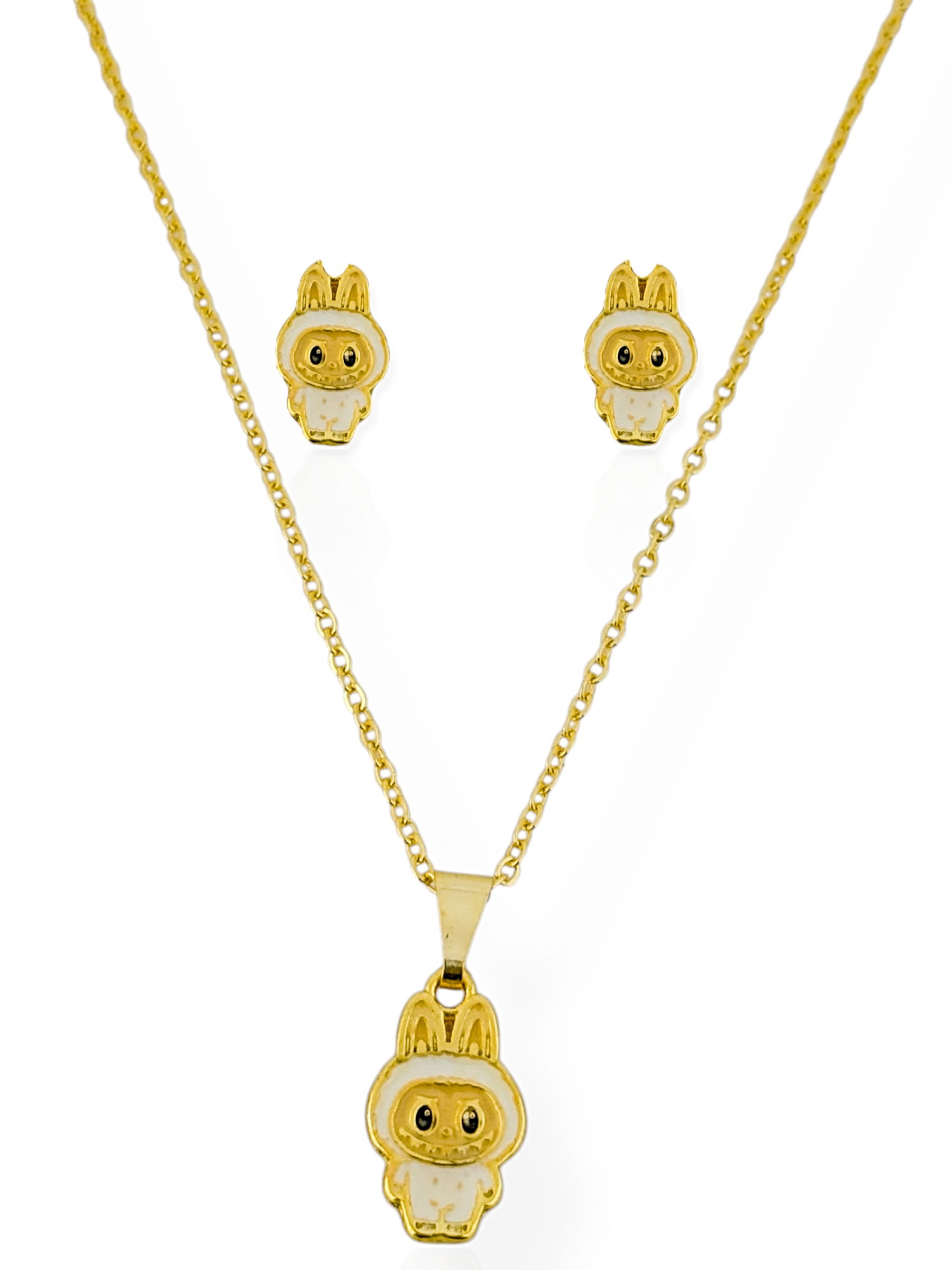 Conjunto Colar e Brinco Infantil Folheado a Ouro 18k e Prata Inspiração Labubu