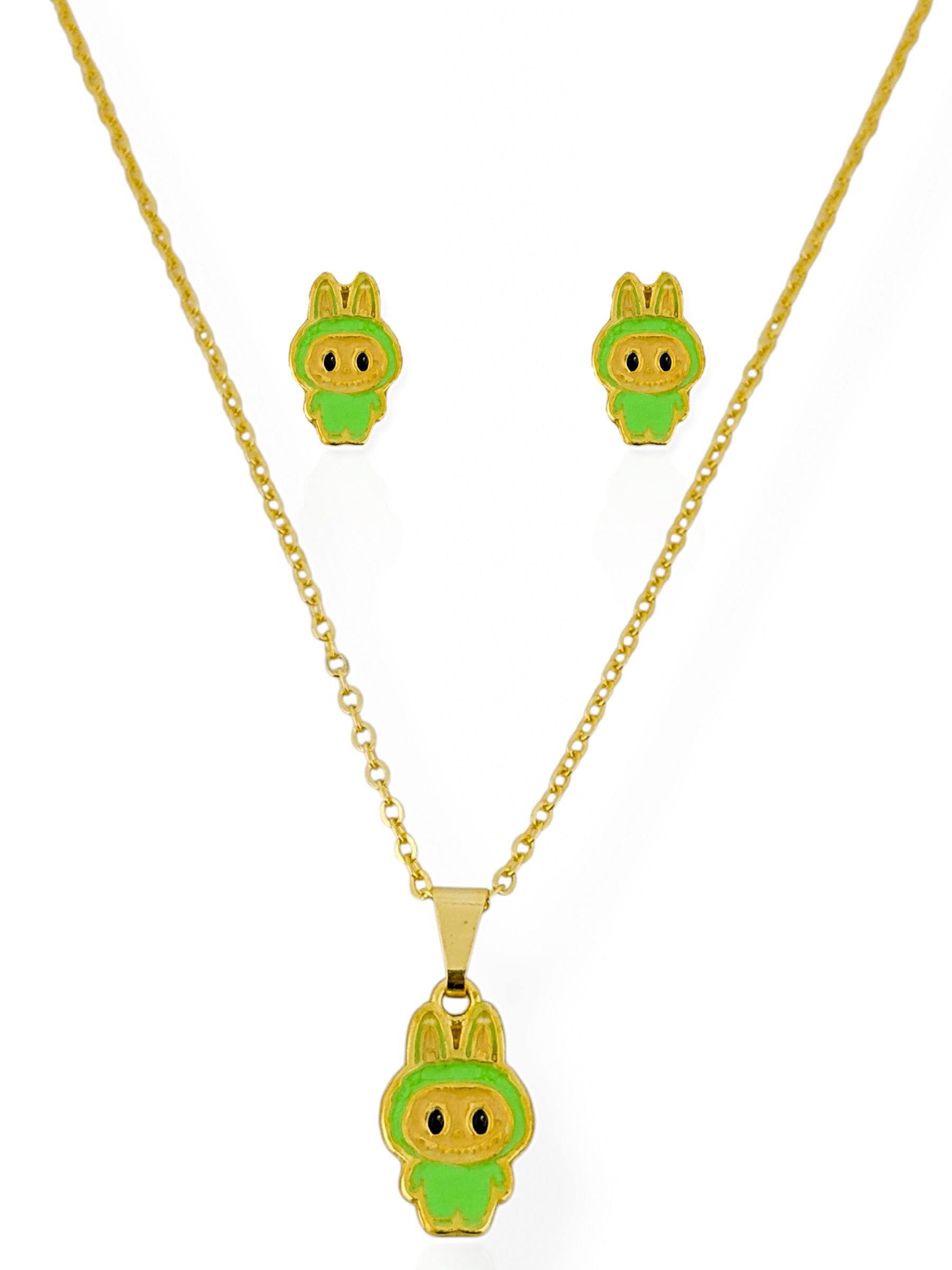 Conjunto Colar e Brinco Infantil Folheado a Ouro 18k e Prata Inspiração Labubu