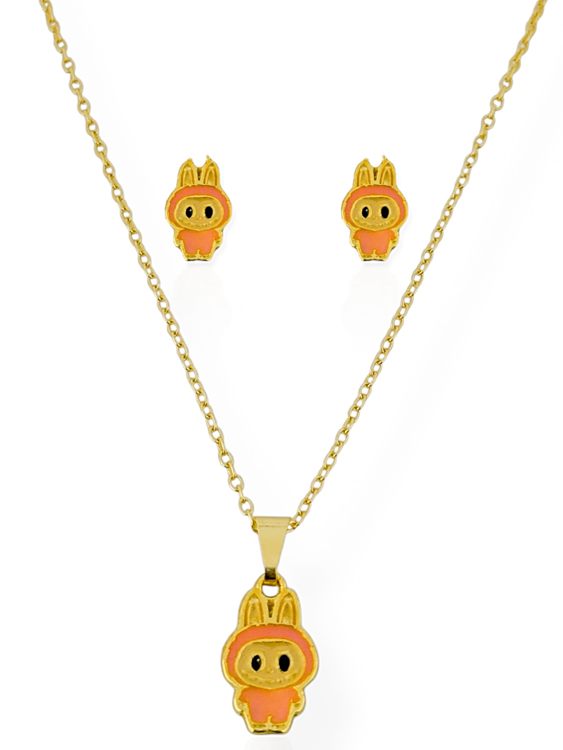 Conjunto Colar e Brinco Infantil Folheado a Ouro 18k e Prata Inspiração Labubu