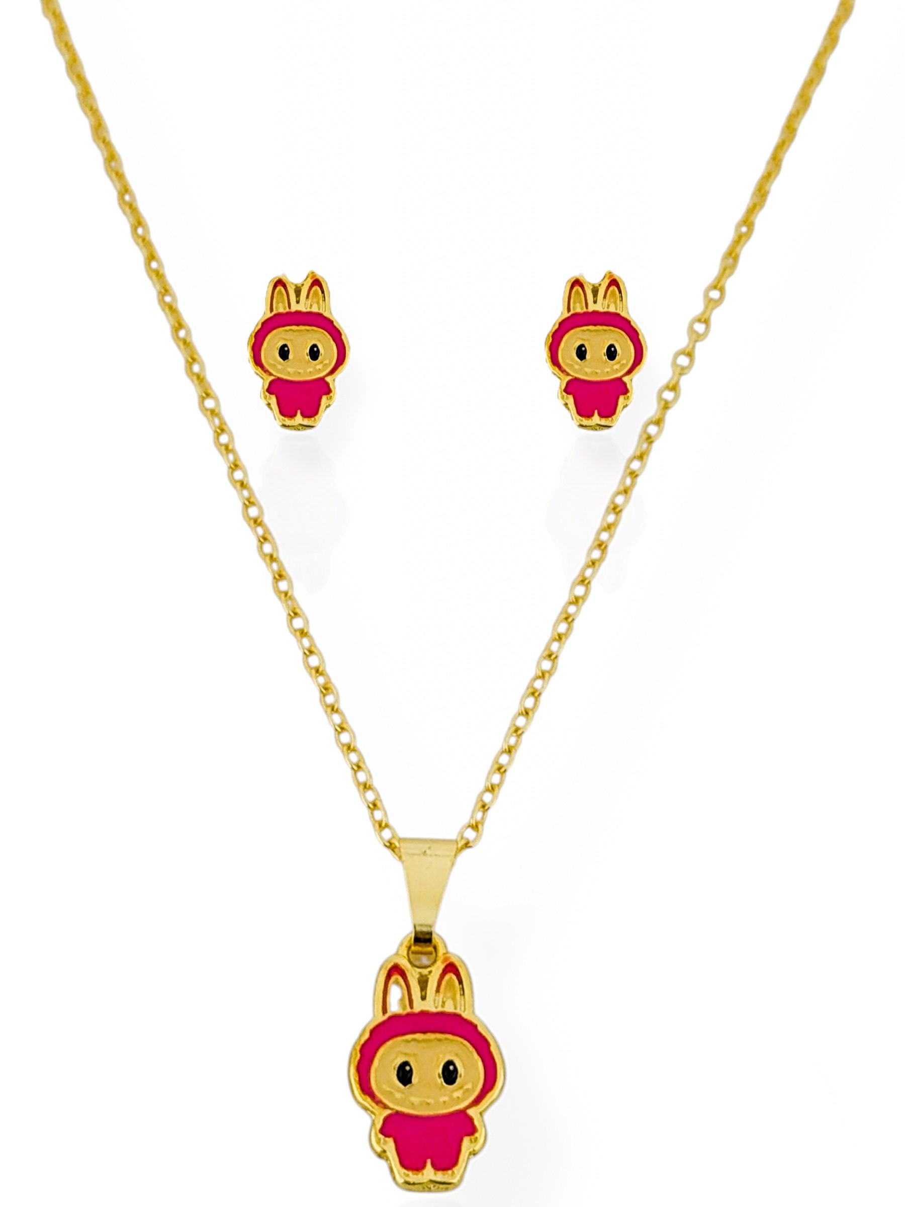 Conjunto Colar e Brinco Infantil Folheado a Ouro 18k e Prata Inspiração Labubu