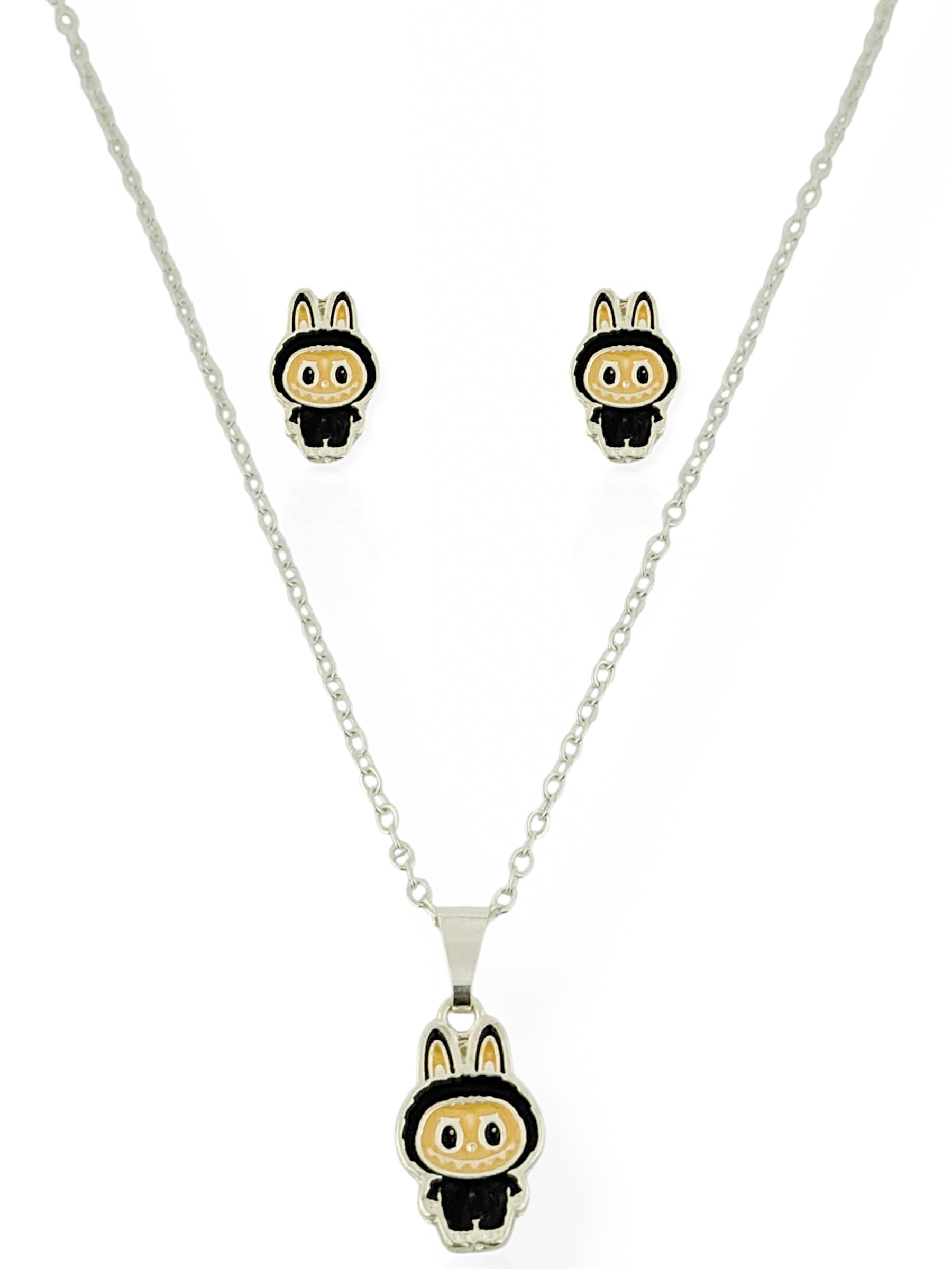 Conjunto Colar e Brinco Infantil Folheado a Ouro 18k e Prata Inspiração Labubu