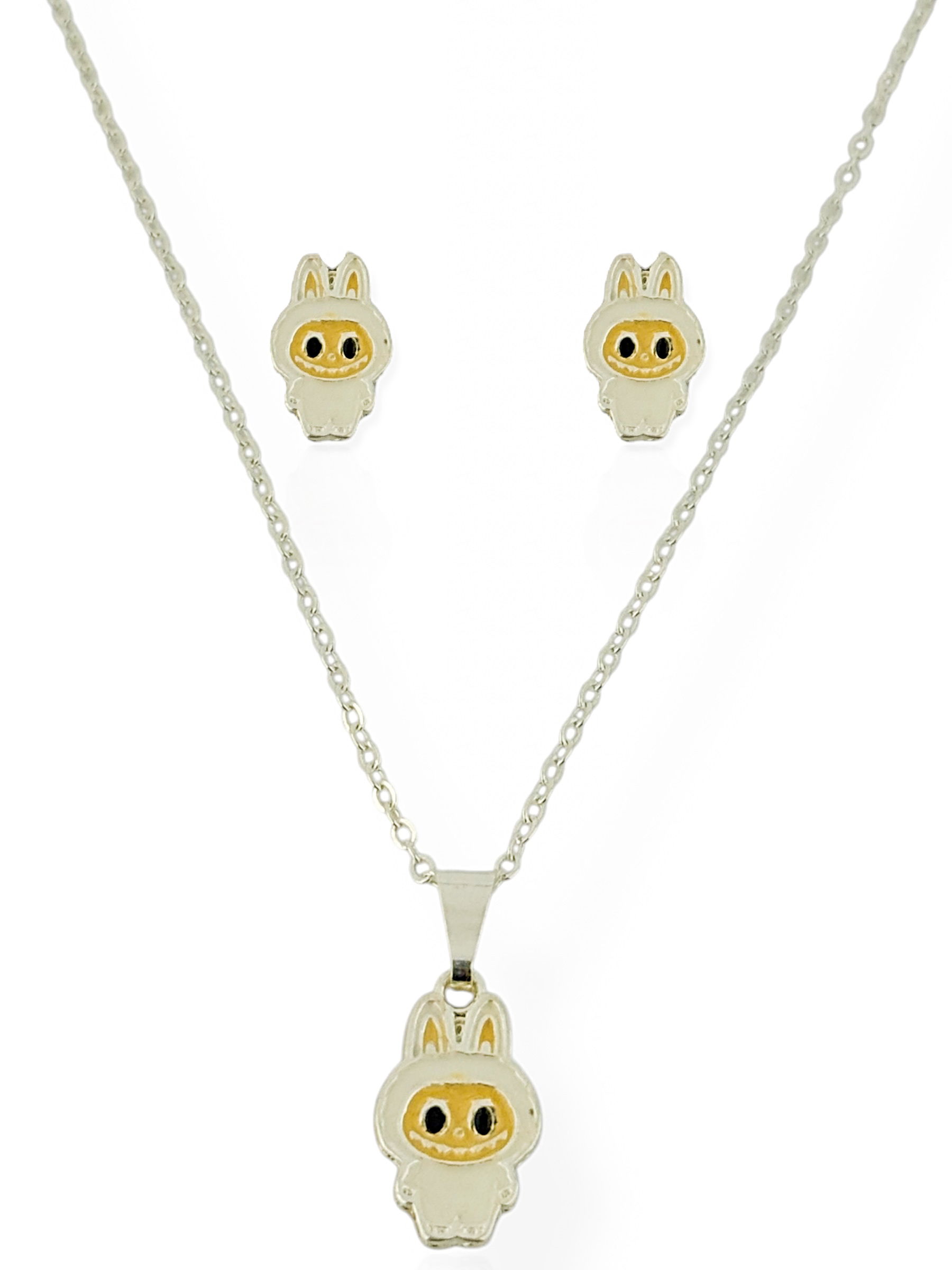 Conjunto Colar e Brinco Infantil Folheado a Ouro 18k e Prata Inspiração Labubu