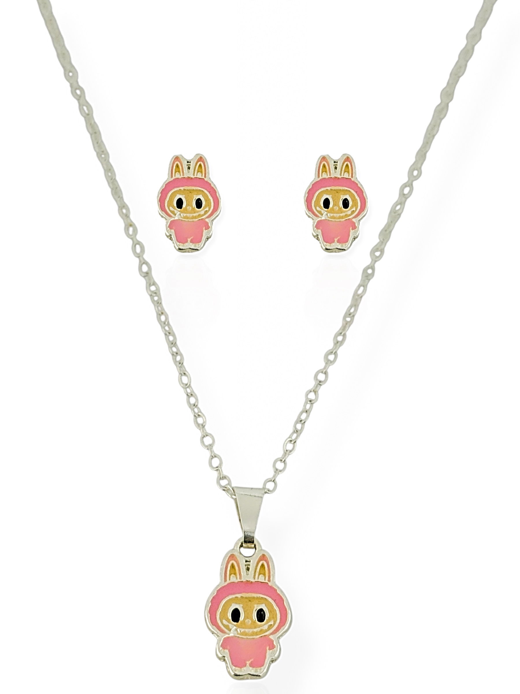 Conjunto Colar e Brinco Infantil Folheado a Ouro 18k e Prata Inspiração Labubu