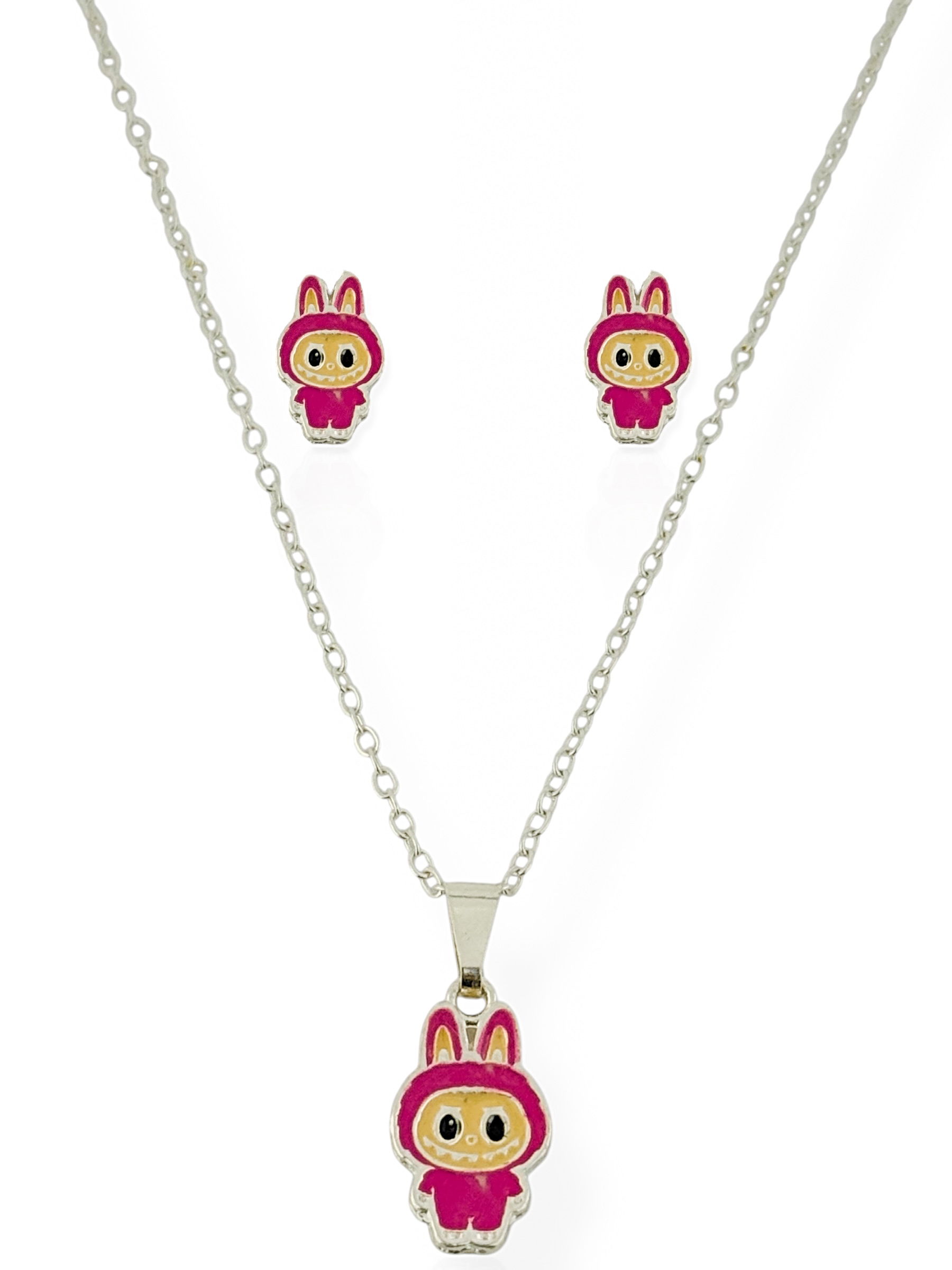 Conjunto Colar e Brinco Infantil Folheado a Ouro 18k e Prata Inspiração Labubu