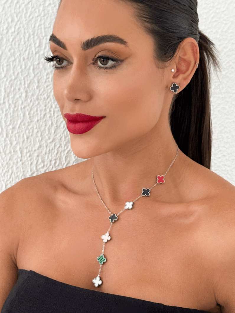 Conjunto Colar e Brinco Lariat Folheado a Ouro 18k e Prata Inspiração, aço inoxidável