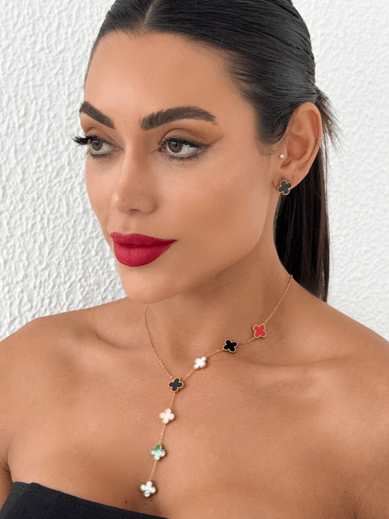 Conjunto Colar e Brinco Lariat Folheado a Ouro 18k e Prata Inspiração, aço inoxidável
