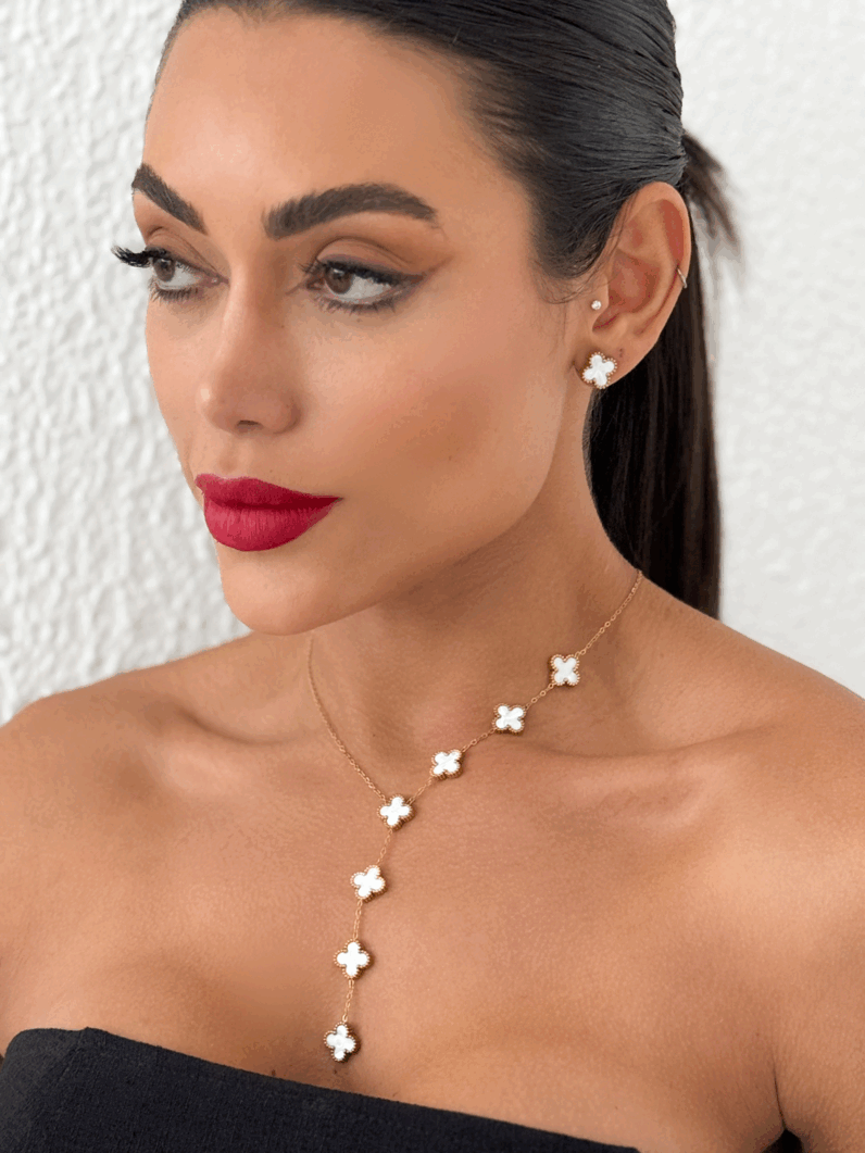 Conjunto Colar e Brinco Lariat Folheado a Ouro 18k e Prata Inspiração, aço inoxidável