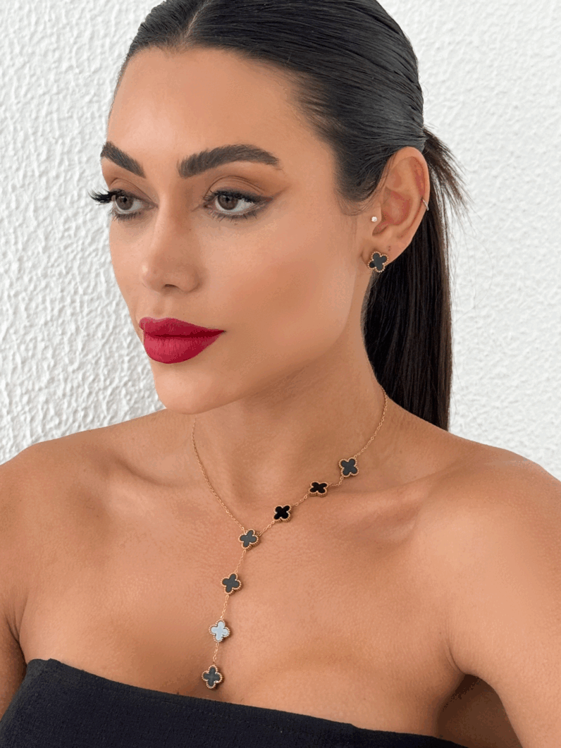 Conjunto Colar e Brinco Lariat Folheado a Ouro 18k e Prata Inspiração, aço inoxidável