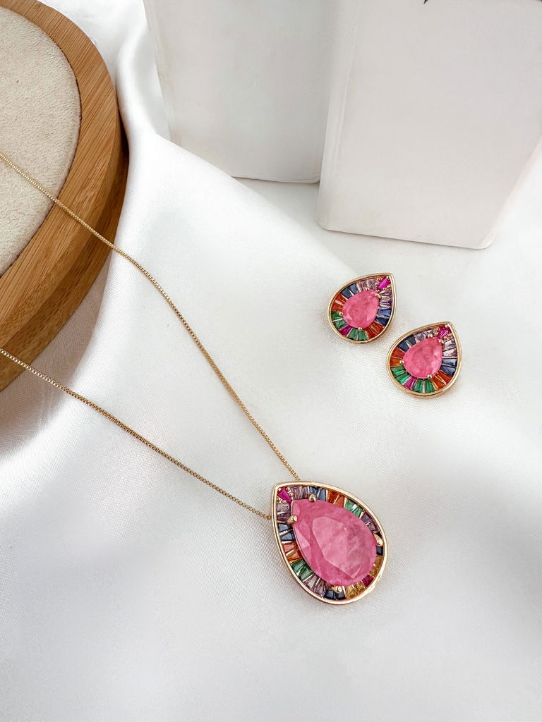 Conjunto colar e brinco pedra gota folheado a ouro 18k e prata 925