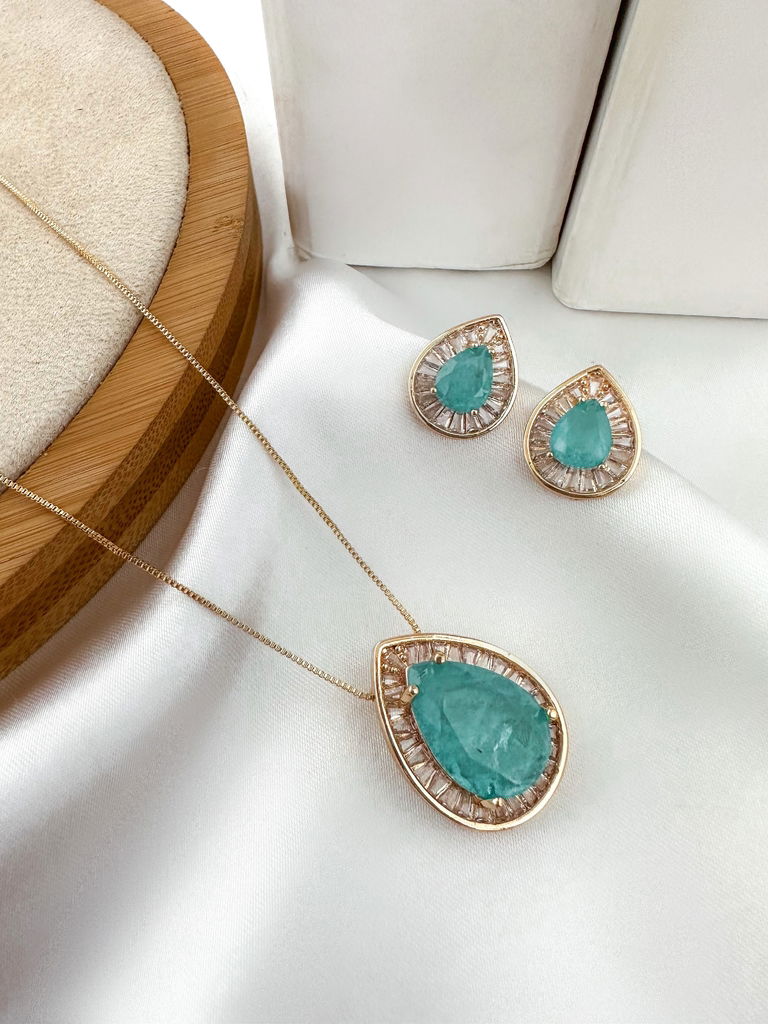 Conjunto colar e brinco pedra gota folheado a ouro 18k e prata 925
