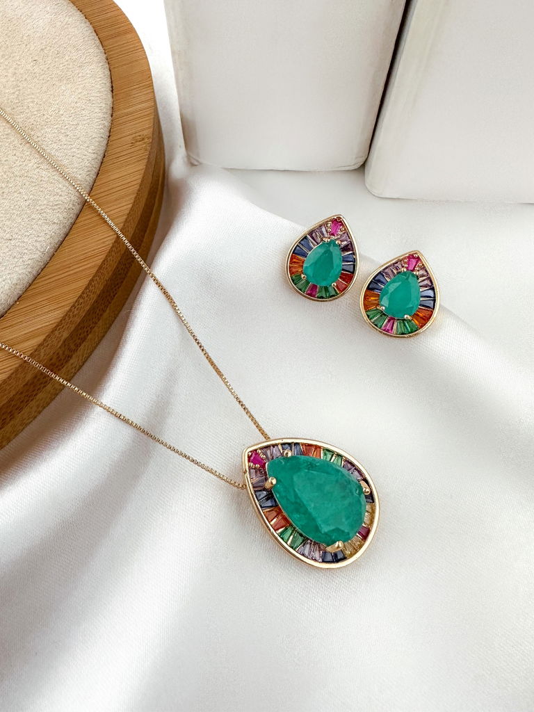 Conjunto colar e brinco pedra gota folheado a ouro 18k e prata 925