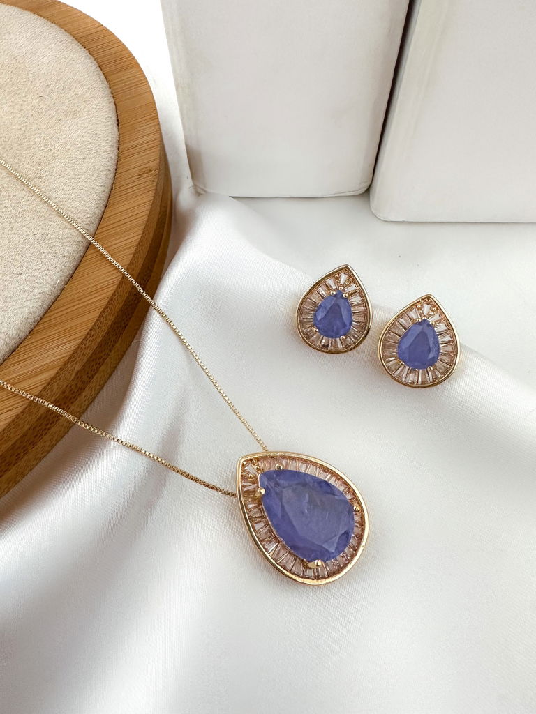 Conjunto colar e brinco pedra gota folheado a ouro 18k e prata 925
