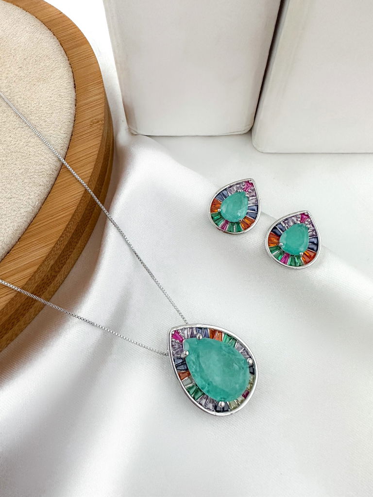 Conjunto colar e brinco pedra gota folheado a ouro 18k e prata 925