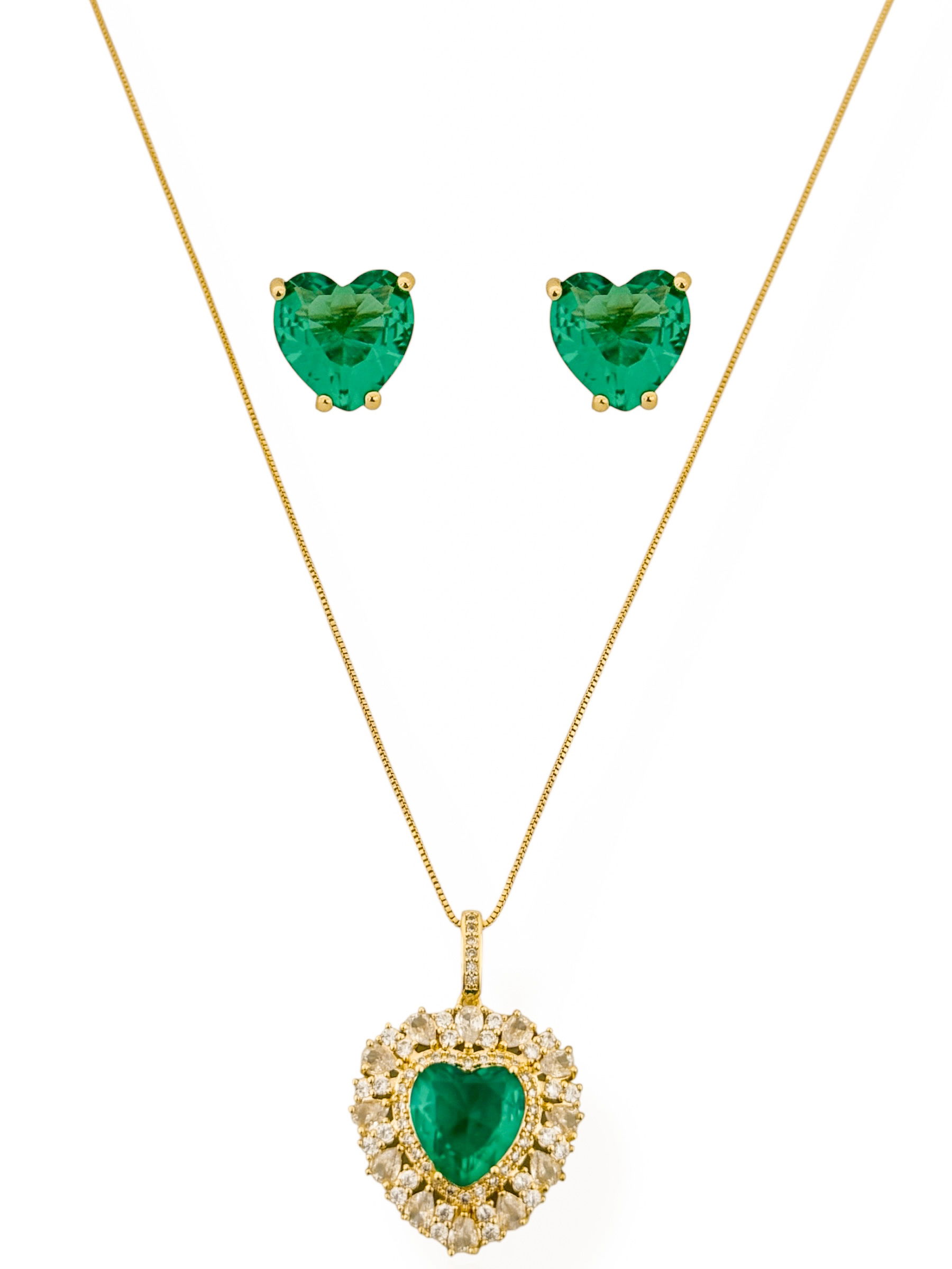 Conjunto Colar e Brinco Semi Joia Coração Cravejado