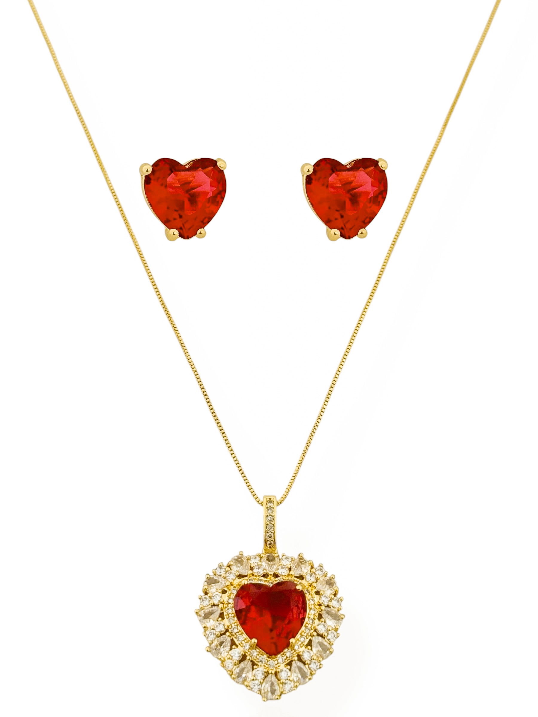 Conjunto Colar e Brinco Semi Joia Coração Cravejado