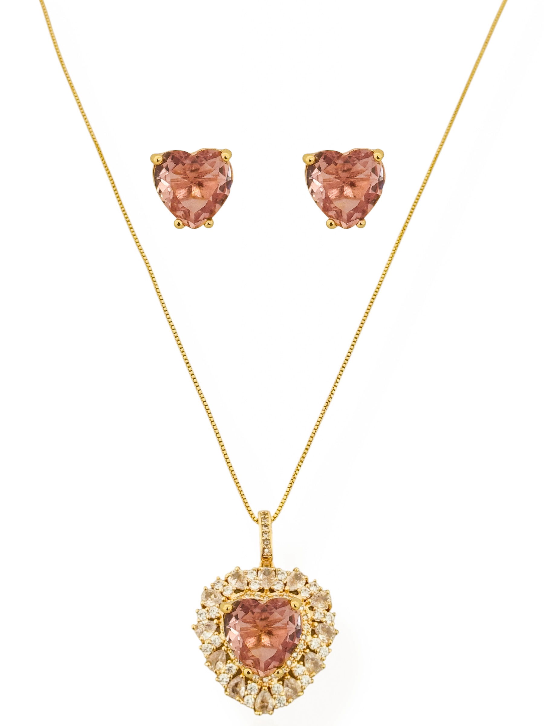Conjunto Colar e Brinco Semi Joia Coração Cravejado