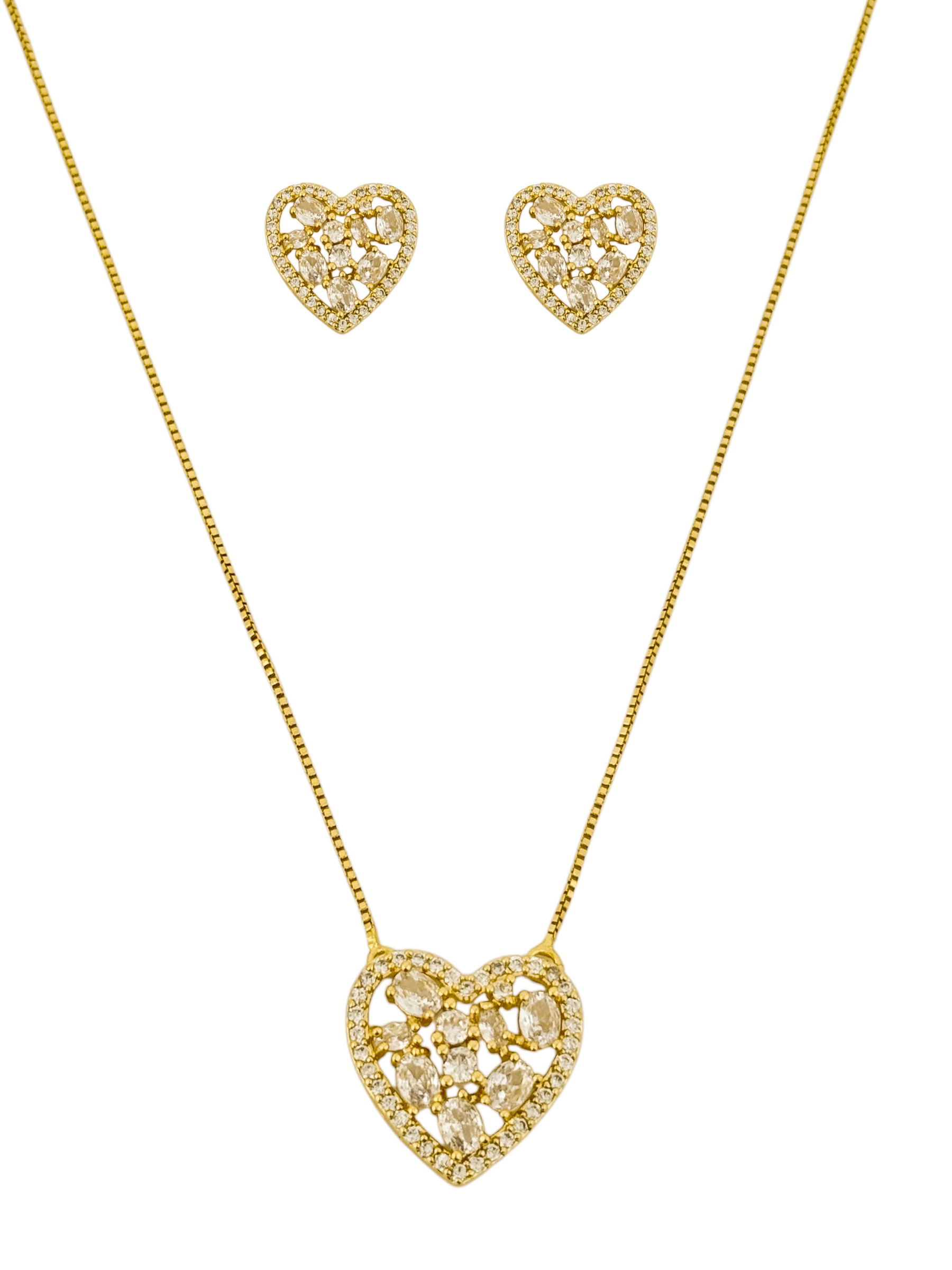 Conjunto Colar e Brinco Semi Joia Coração Cravejado