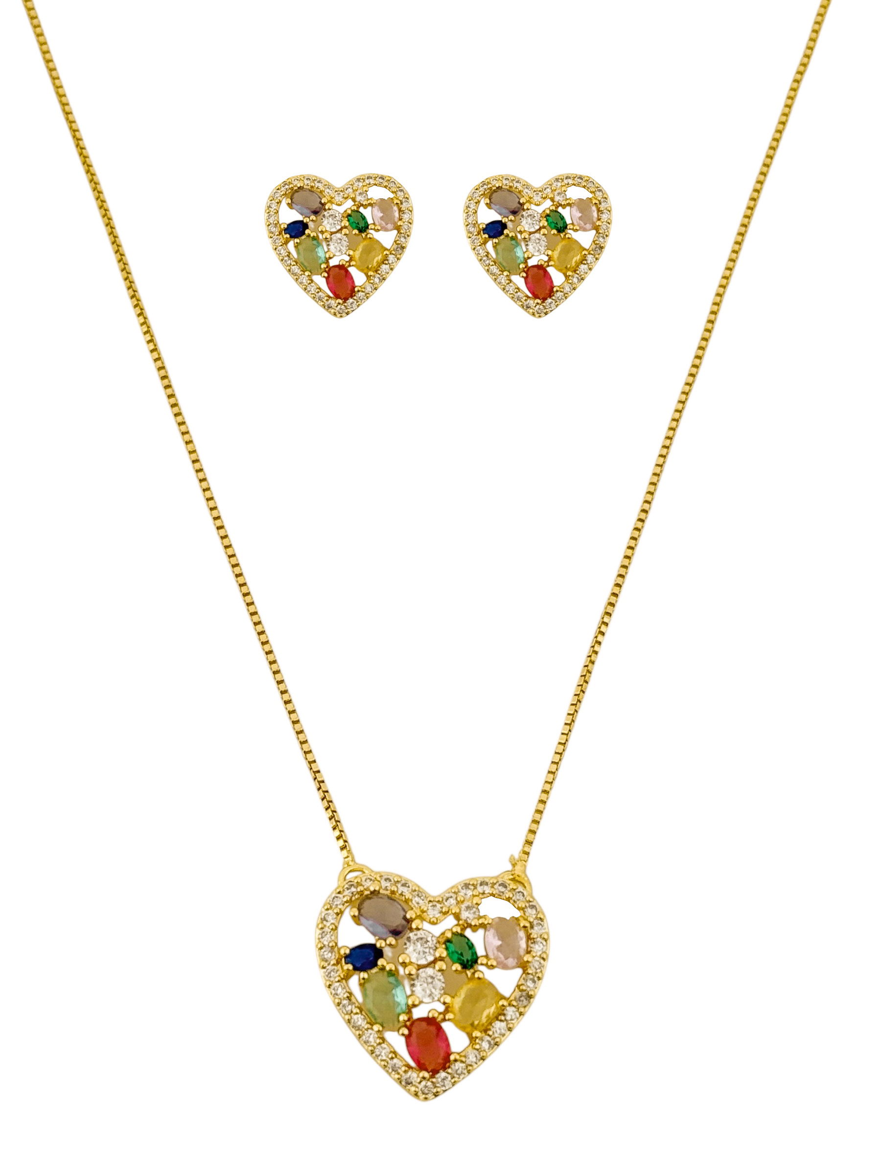 Conjunto Colar e Brinco Semi Joia Coração Cravejado