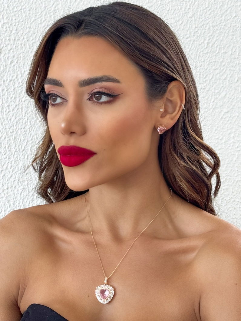Conjunto Colar e Brinco Semi Joia Coração Cravejado
