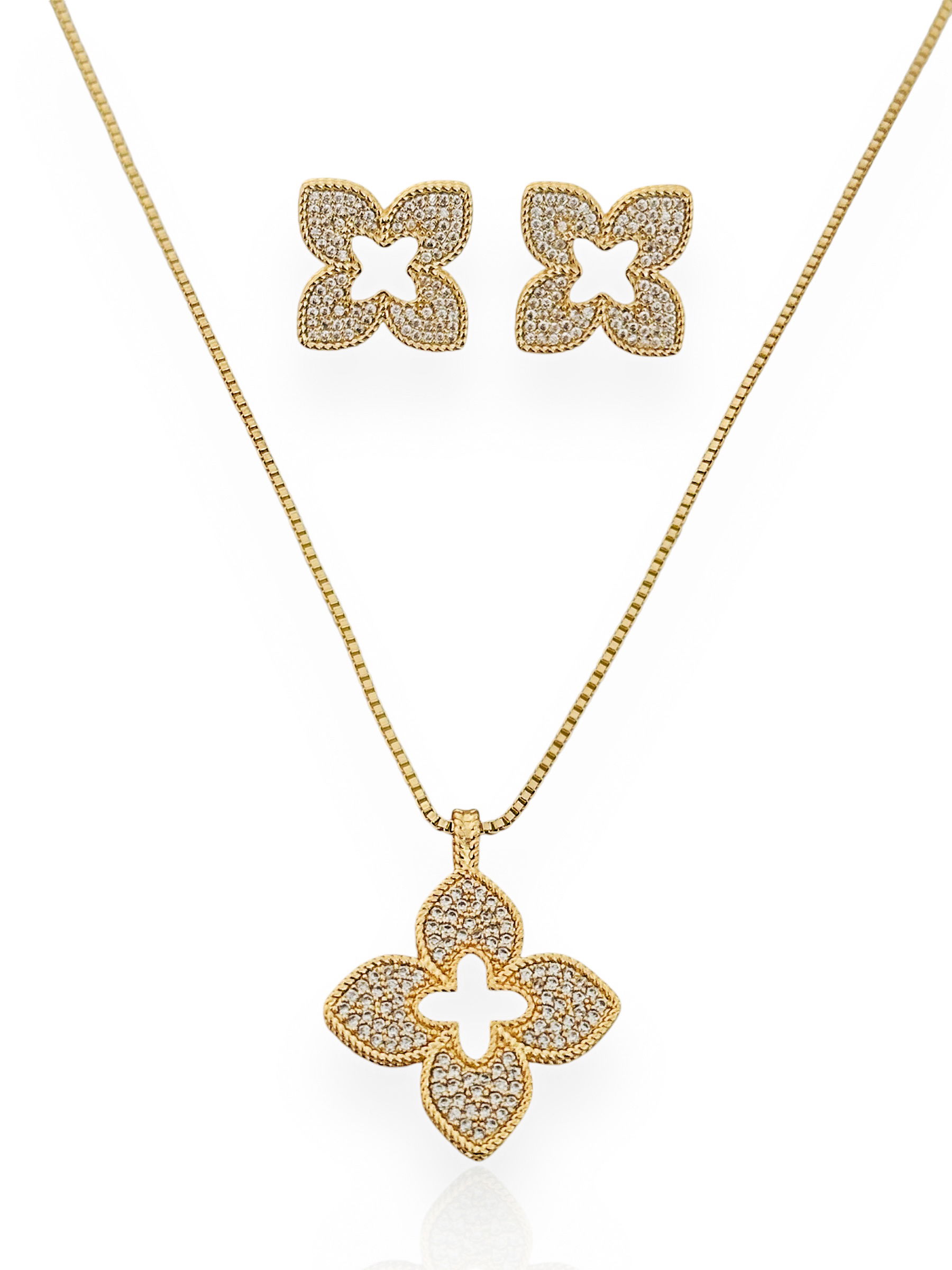 Conjunto Colar e Brinco Semi Joia Ouro e Prata Flor Cravejada Vazada