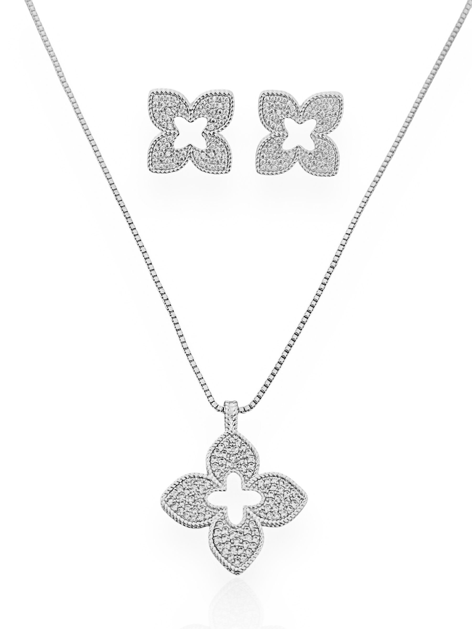 Conjunto Colar e Brinco Semi Joia Ouro e Prata Flor Cravejada Vazada