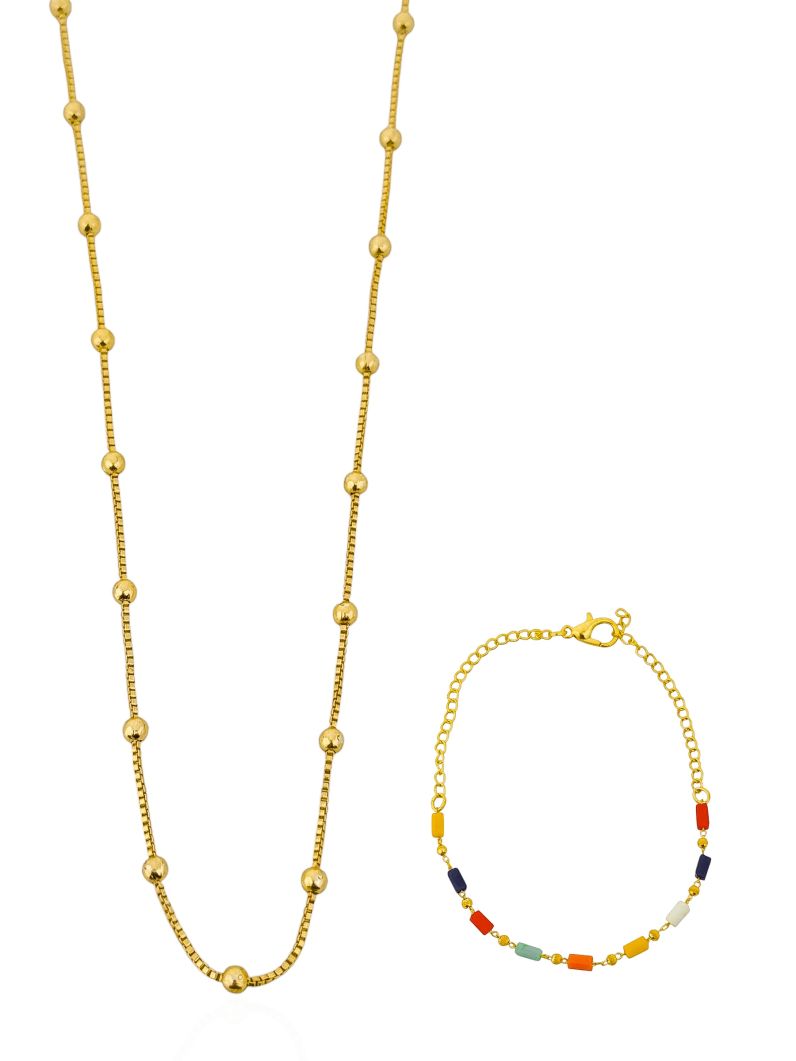 Conjunto Colar e Pulseira Folheada a Ouro 18k Design Colorido com Esferas