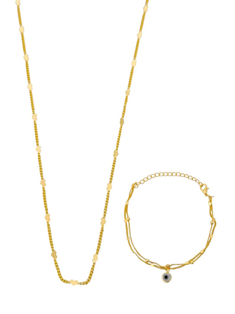 Conjunto Colar e Pulseira Folheado a Ouro 18k Coração e Olho Grego