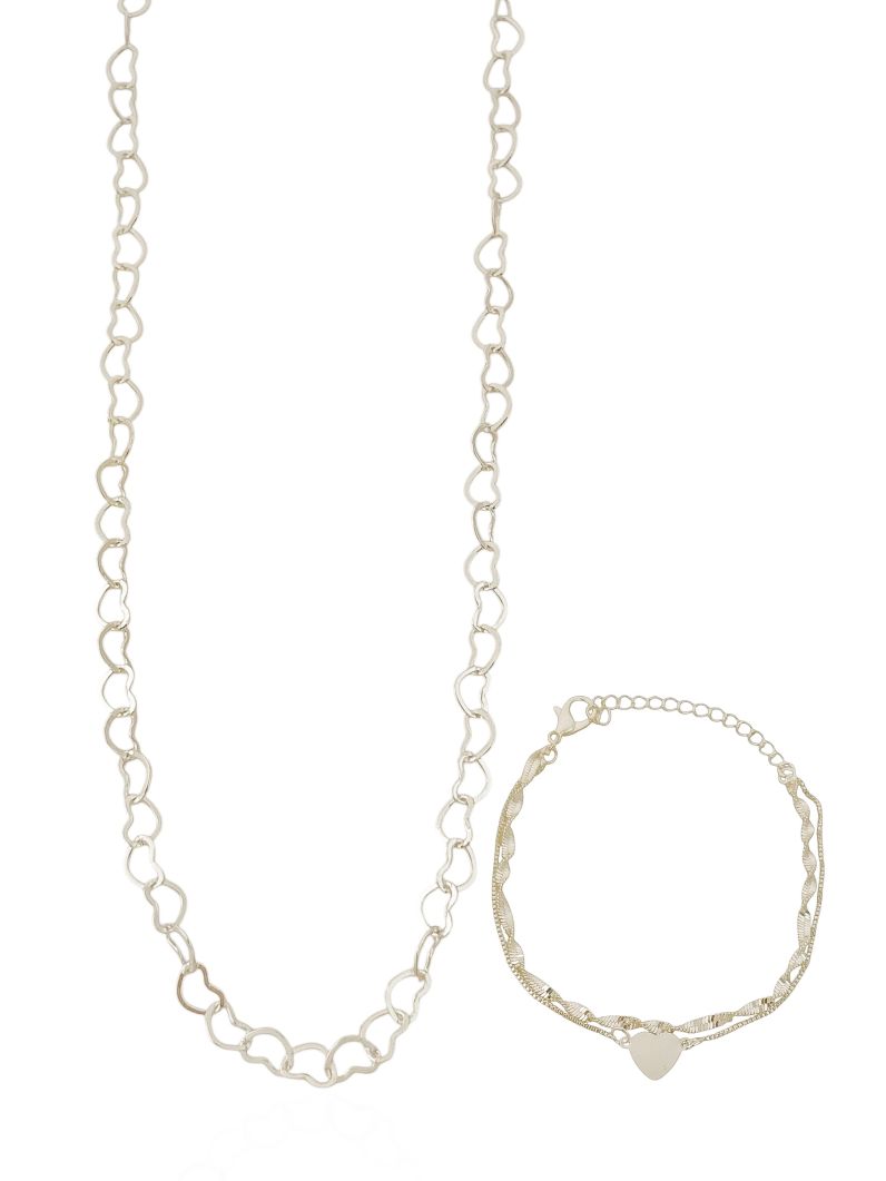 Conjunto Colar e Pulseira Folheado a Ouro 18k Elos Torcidos e Corações