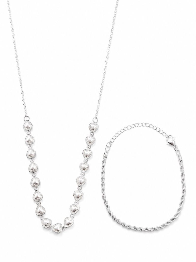 Conjunto Colar e Pulseira Folheado a Pata 925 Cordão Baiano e Corações de Pérola