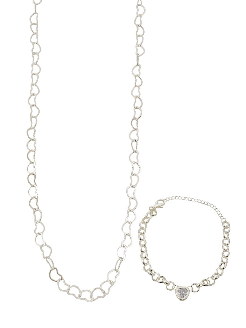 Conjunto Colar e Pulseira Folheado a Prata 925 Coração e Elos