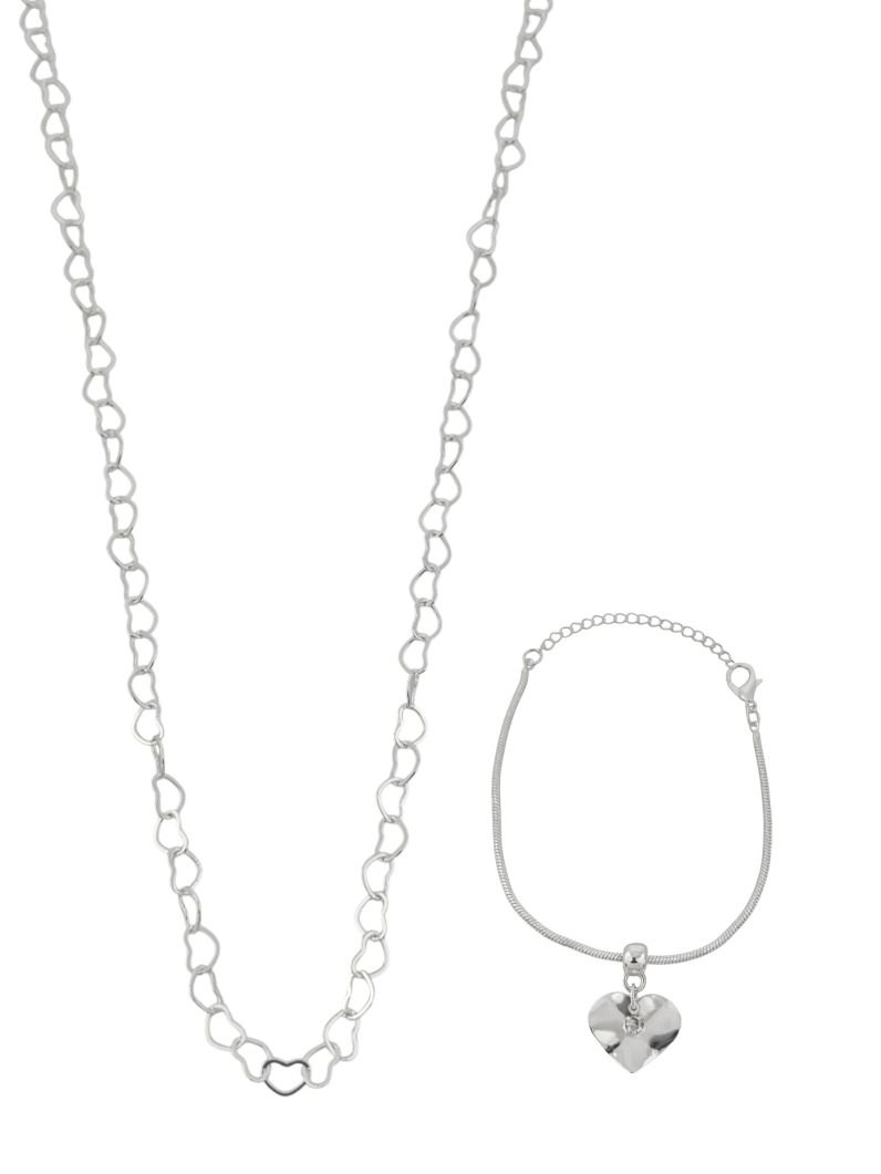 Conjunto Colar e Pulseira Folheado a Prata 925 Coração Vazado e Ondulado