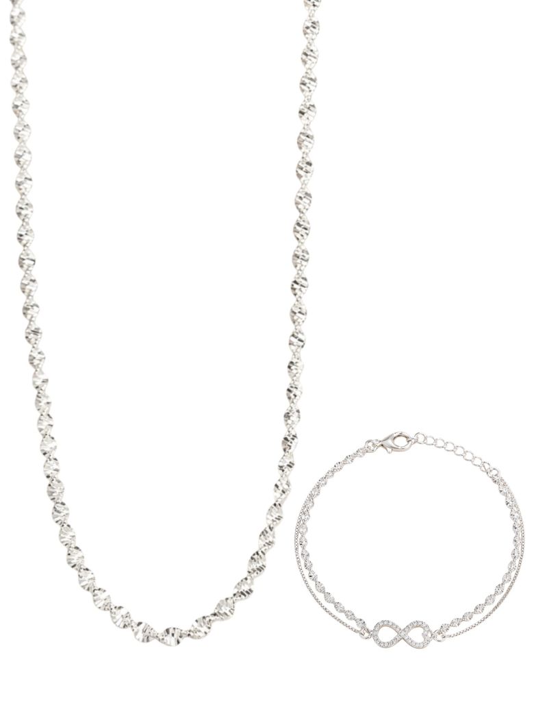 Conjunto Colar e Pulseira Folheado a Prata 925 Cordão Torcido Com Símbolo Infinito